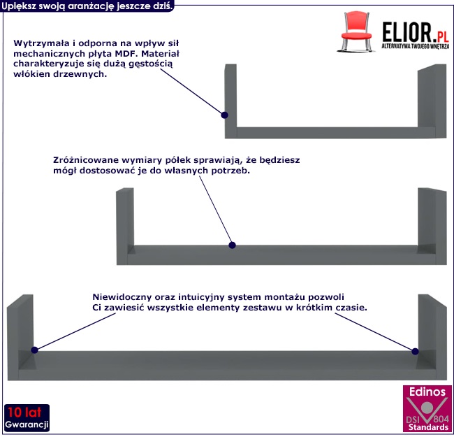 zestaw półek ściennych z szarym połyskiem baffic 3x