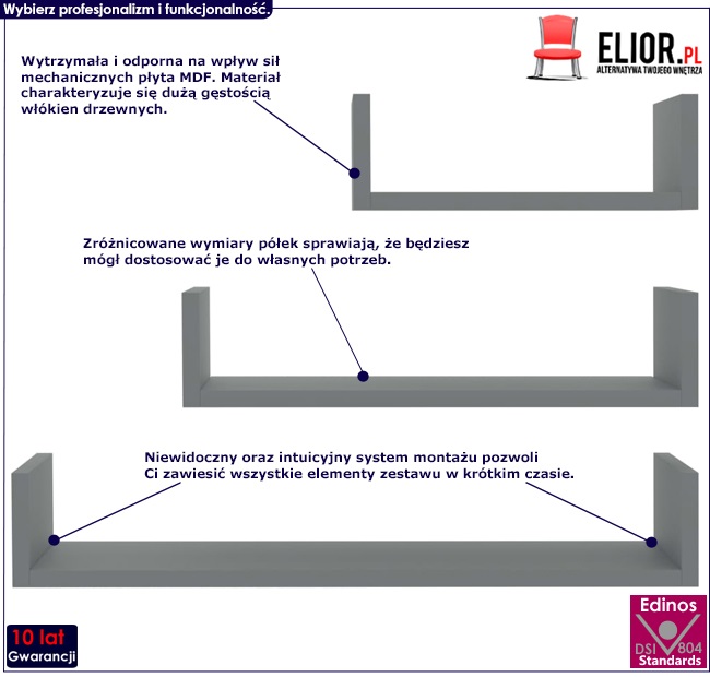 zestaw szarych półek ściennych baffic 3x