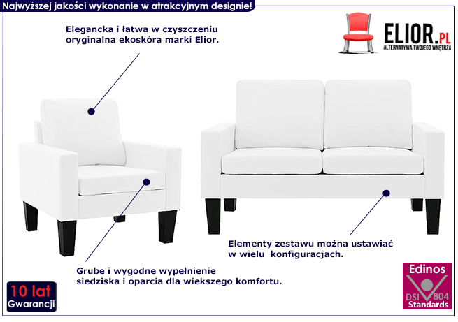 3-osobowy biały komplet wypoczynkowy Zuria 2A