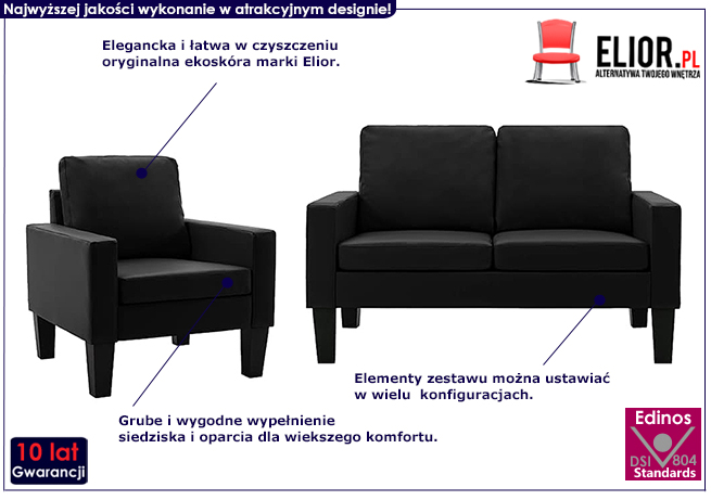 3-osobowy czarny komplet wypoczynkowy Lencor 2A 