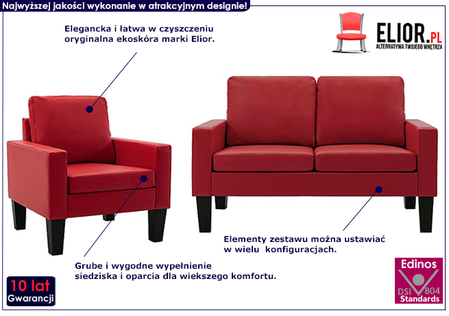 3-osobowy czerwony komplet wypoczynkowy Zuria 2A