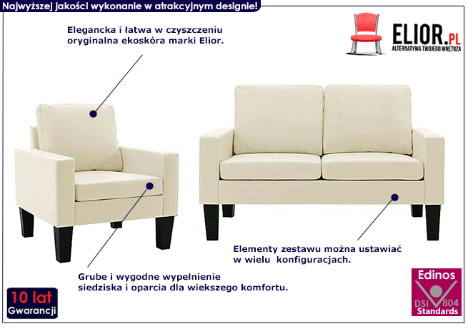 3-osobowy kremowy komplet wypoczynkowy Lencor 2A