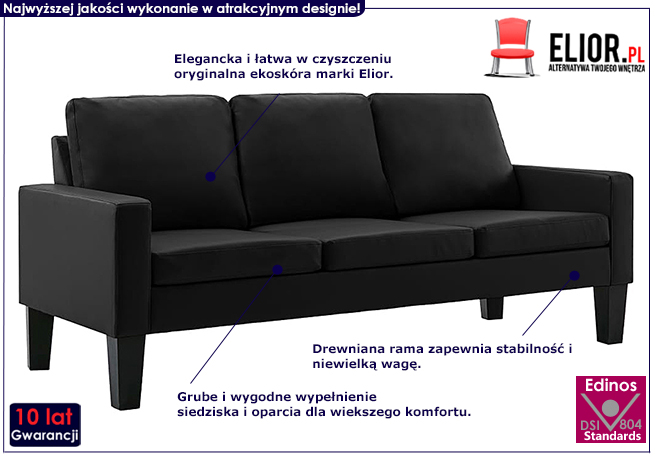 Trzyosobowa czarna sofa z ekoskóry Zuria 3Q