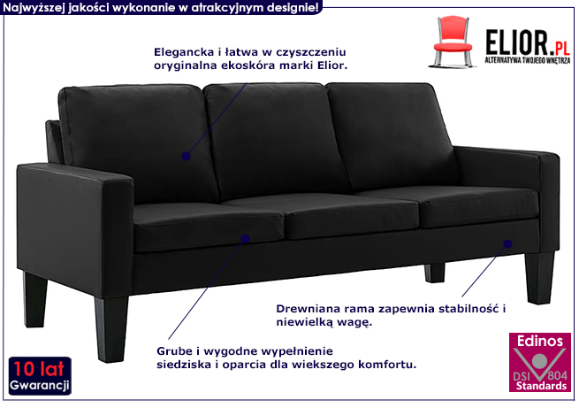 Trzyosobowa czarna sofa z ekoskóry Lencor 3Q