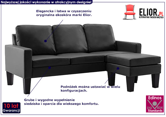 Trzyosobowa czarna sofa z ekoskóry Zuria 4Q