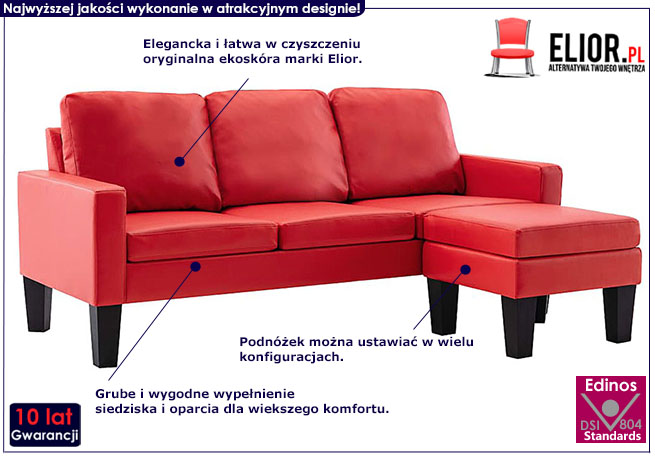 Trzyosobowa czerwona sofa z ekoskóry Zuria 4Q