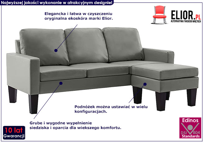 Trzyosobowa szara sofa z ekoskóry Zuria 4Q