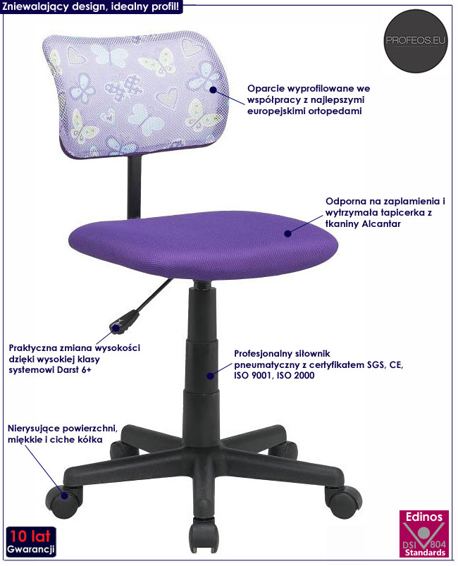 Fioletowy fotel obrotowy dla dziewczynki Nando