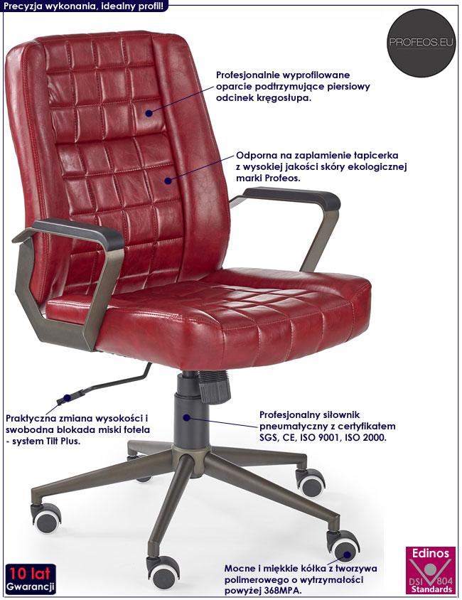 Bordowy fotel obrotowy do gabinetu Wanti