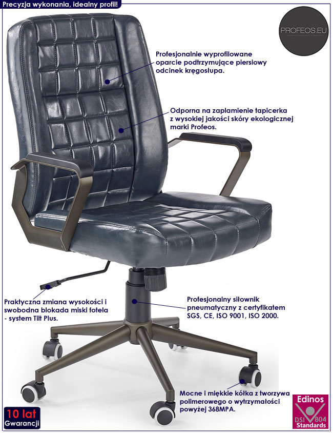 Granatowy, pikowany fotel obrotowy Wanti