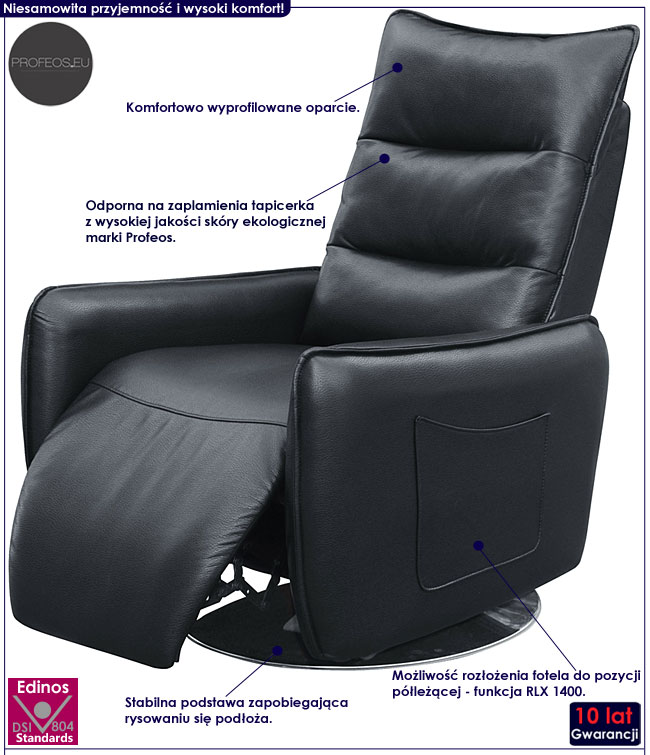 Czarny fotel wypoczynkowy do leżenia, czytania Kseniok