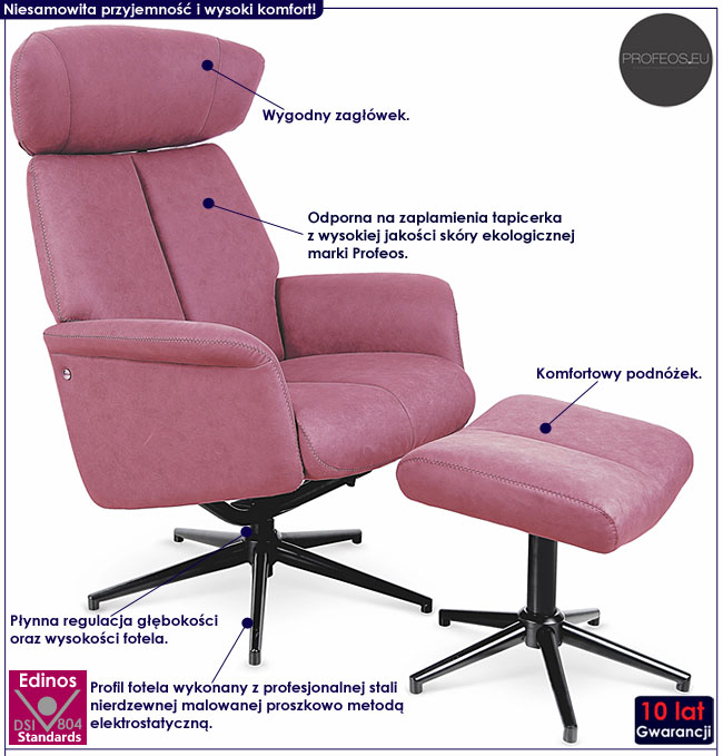 Różowy rozkładany fotel z podnóżkiem Starius