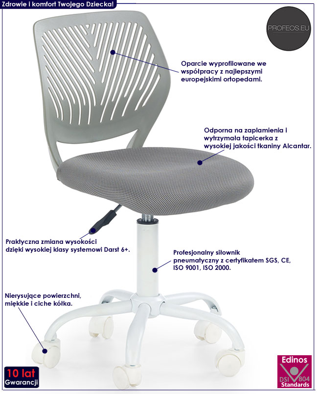 Szary fotel do biurka dla dziecka Wazi