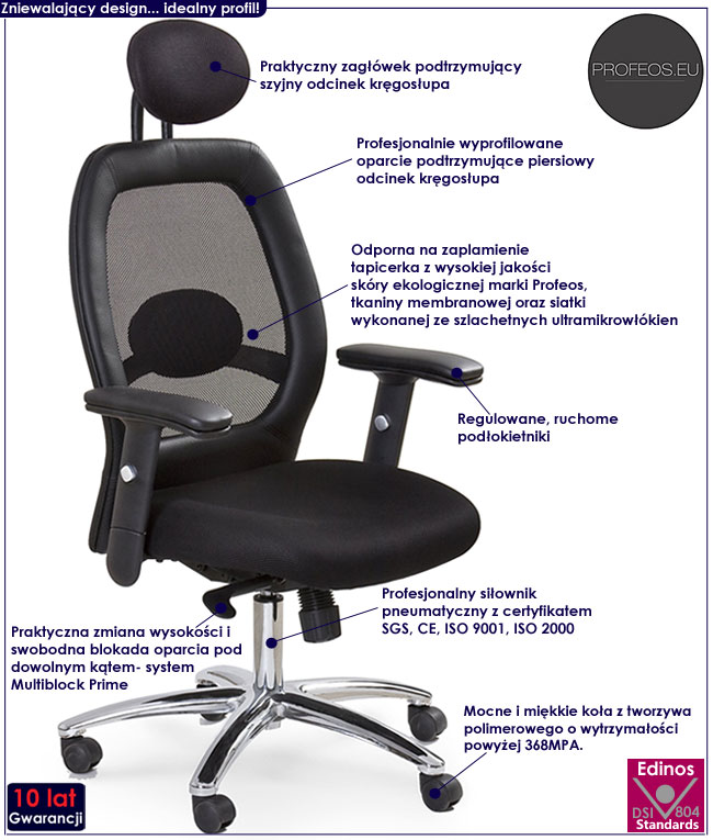 czarny fotel obrotowy z zagłówkiem biurowy Kalga