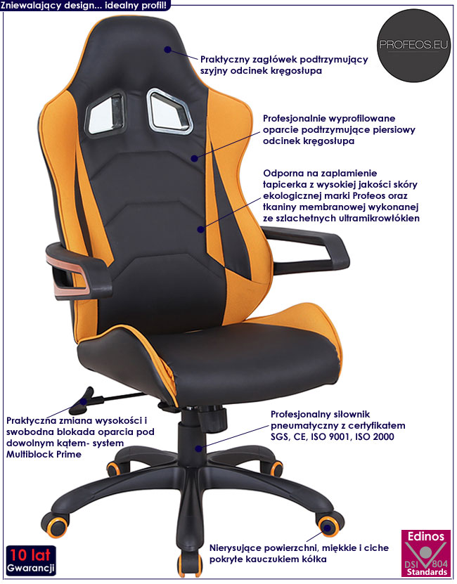 fotel obrotowy do komputera czarny pomarańczowy Presto krzesło