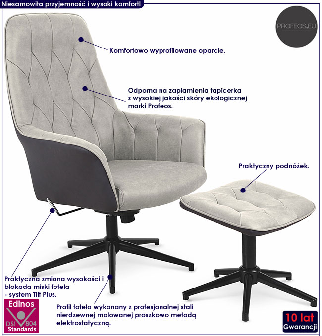 Beżowy tapicerowany fotel z podnóżkiem Aido