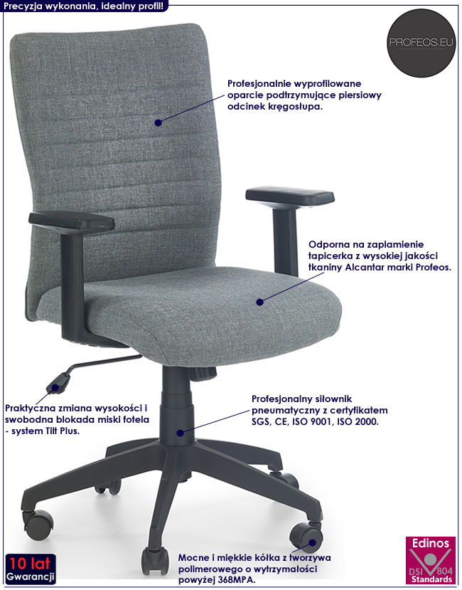 Szary fotel obrotowy, tapicerowany Malla