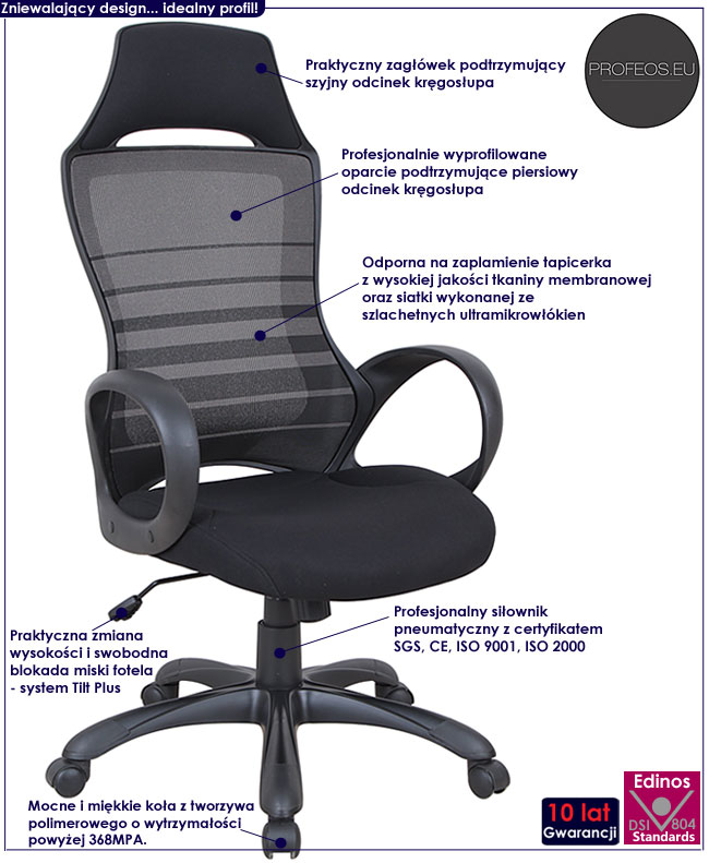 wentylowany fotel obrotowy do biurka Konfetto popiel czarny