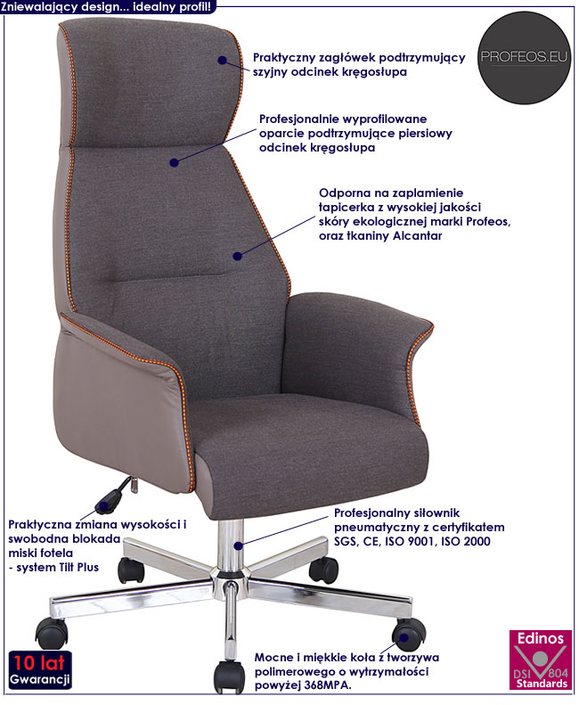 fotel obrotowy tapicerowany z zagłówkiem do biurka Bersi popiel