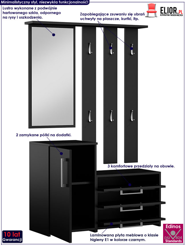 Czarna szafka na buty z wieszakiem i lustrem Skay