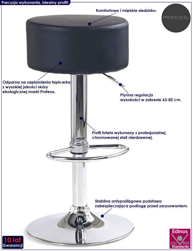 Tapicerowany, czarny, okrągły hoker kuchenny Levia