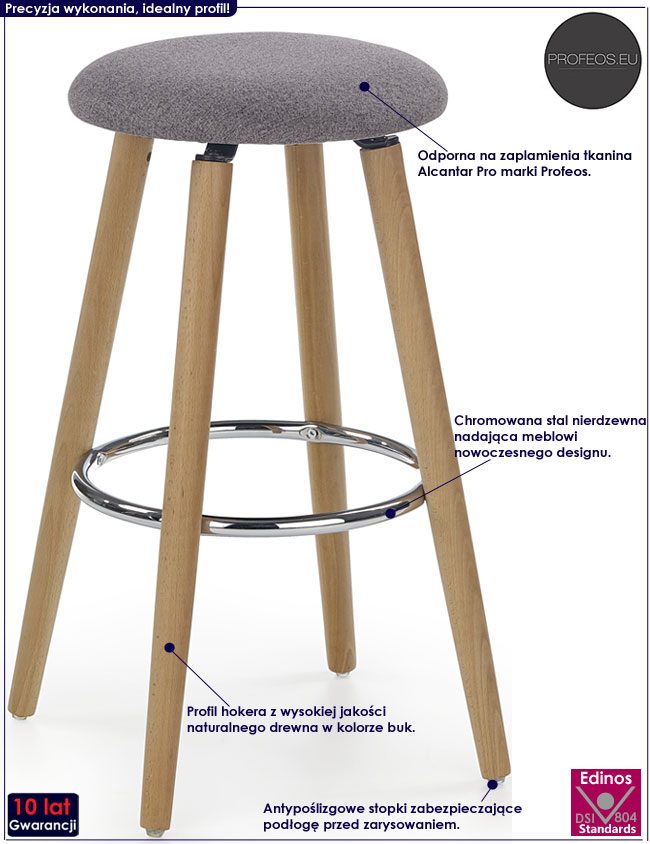 Szary okrągły hoker, stołek kuchenny Alaia