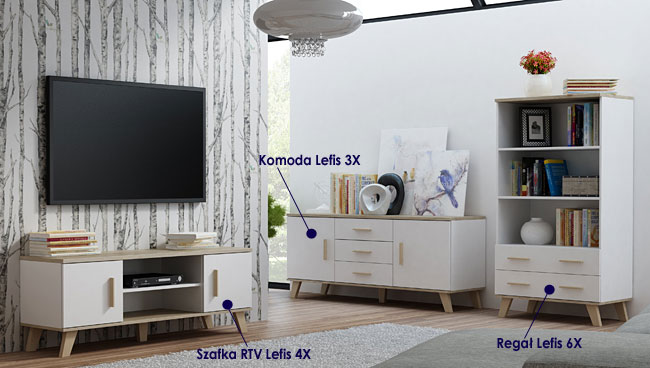 Kolekcja mebli do salonu, sypialni biała dąb sonoma Lefis