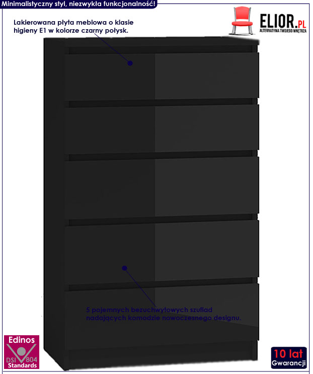 Czarna komoda z szufladami na wysoki połysk Selis 2X