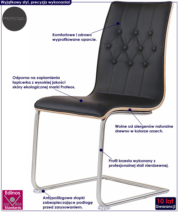 Czarne pikowane krzesło kuchenne do stołu Gios