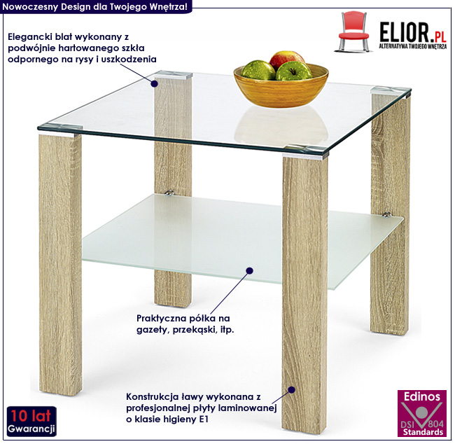 ława kwadrat dąb sonoma Teris szklana stolik kawowy