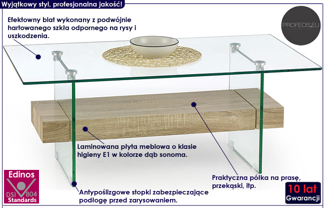 Szklana ława do salonu dąb sonoma Dantes
