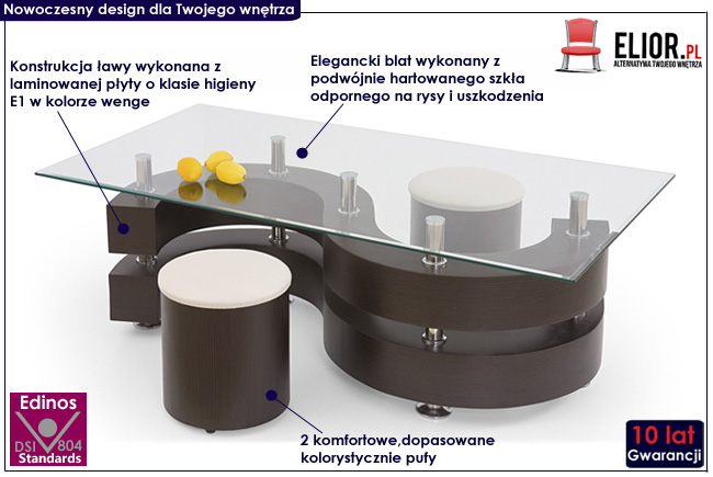 ława szklana z pufami wenge Roden stolik