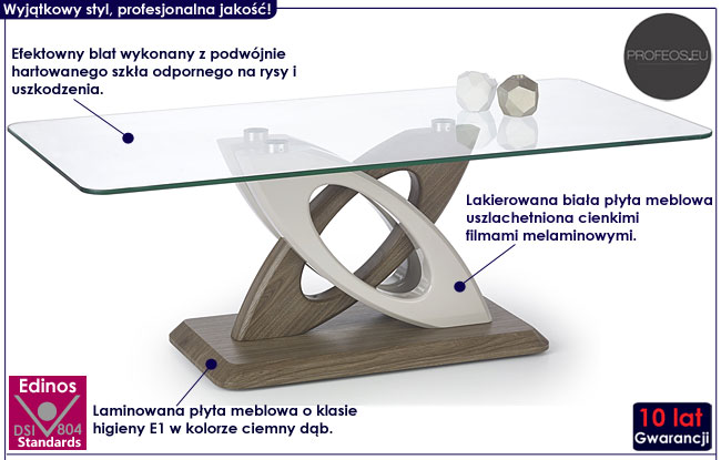 Lakierowana ława szklana biały połysk, ciemny dąb Rozeli