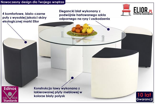 ława z pufami biały połysk lakierowana Efanos