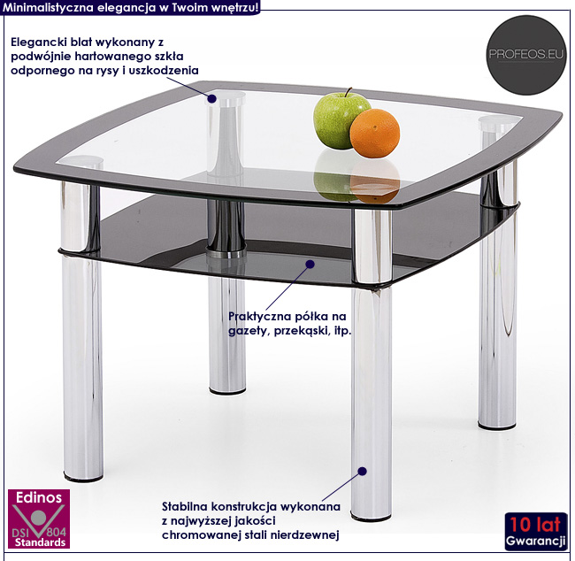 ława szklana kwadrat chromowana Jorkis