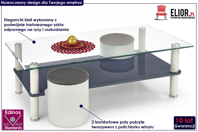 zestaw ława i dwie pufy Janice popiel stolik