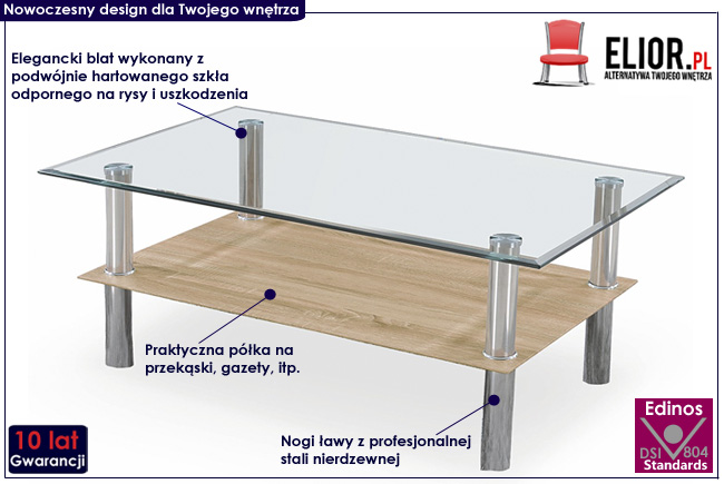 szklana ława z półką dąb sonoma Lavre
