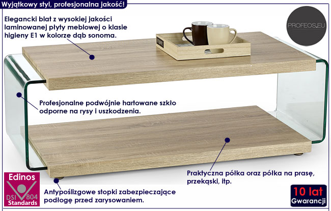 Nowoczesna ława szklana do salonu dąb sonoma Pasadena