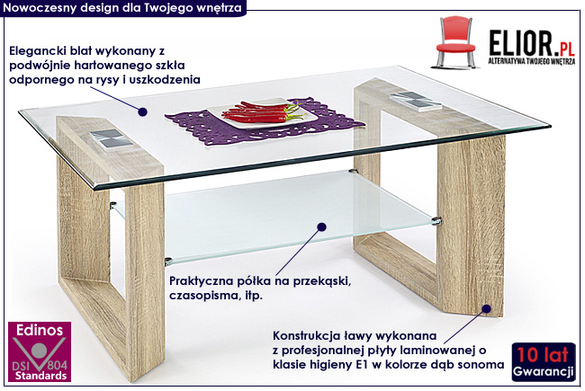 szklana ława prostokąt dąb sonoma Fagit