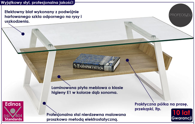 Nowoczesna ława do salonu biała, dąb sonoma Honara