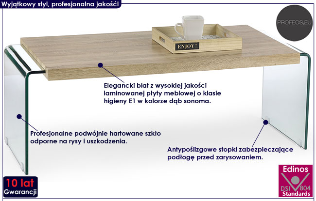 Nowoczesna szklana ława dąb sonoma Vivec
