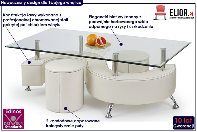 ława z pufami biała chromowana Ruten