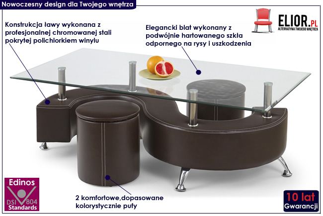 ława z pufami chromowana szklana brąz Reza 2X