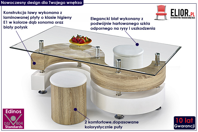 zestaw ława z pufami Rodi lakierowana biała, dąb sonoma
