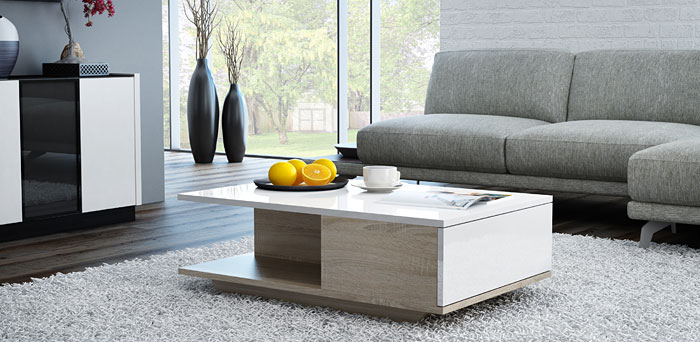 Stolik kawowy wysoki połysk biały, dąb sonoma Noka