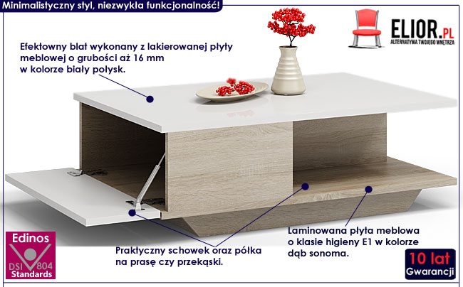 Lakierowana ława biała, dąb sonoma Noka