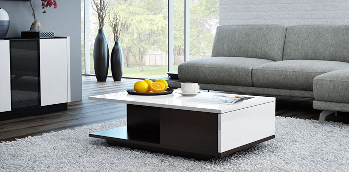 Lakierowany stolik kawowy biały połysk, wenge Noka