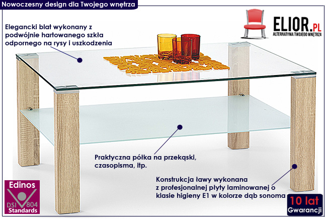 ława prostokątna szklana dąb sonoma Handi stolik kawowy