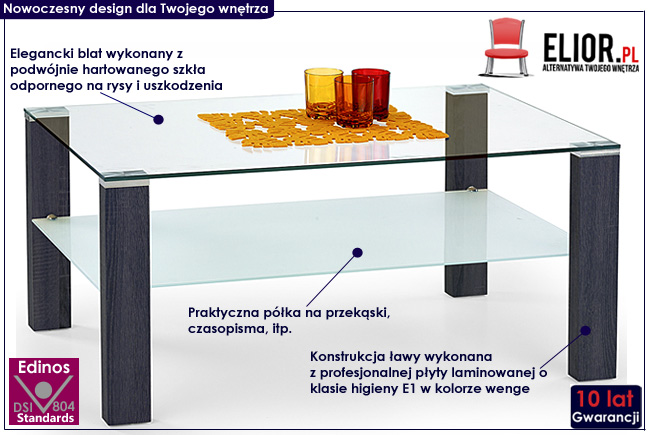 ława szklana laminowana prostokąt stolik do salonu wenge Handi