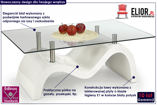 Lakierowana ława Pexa biały połysk stolik